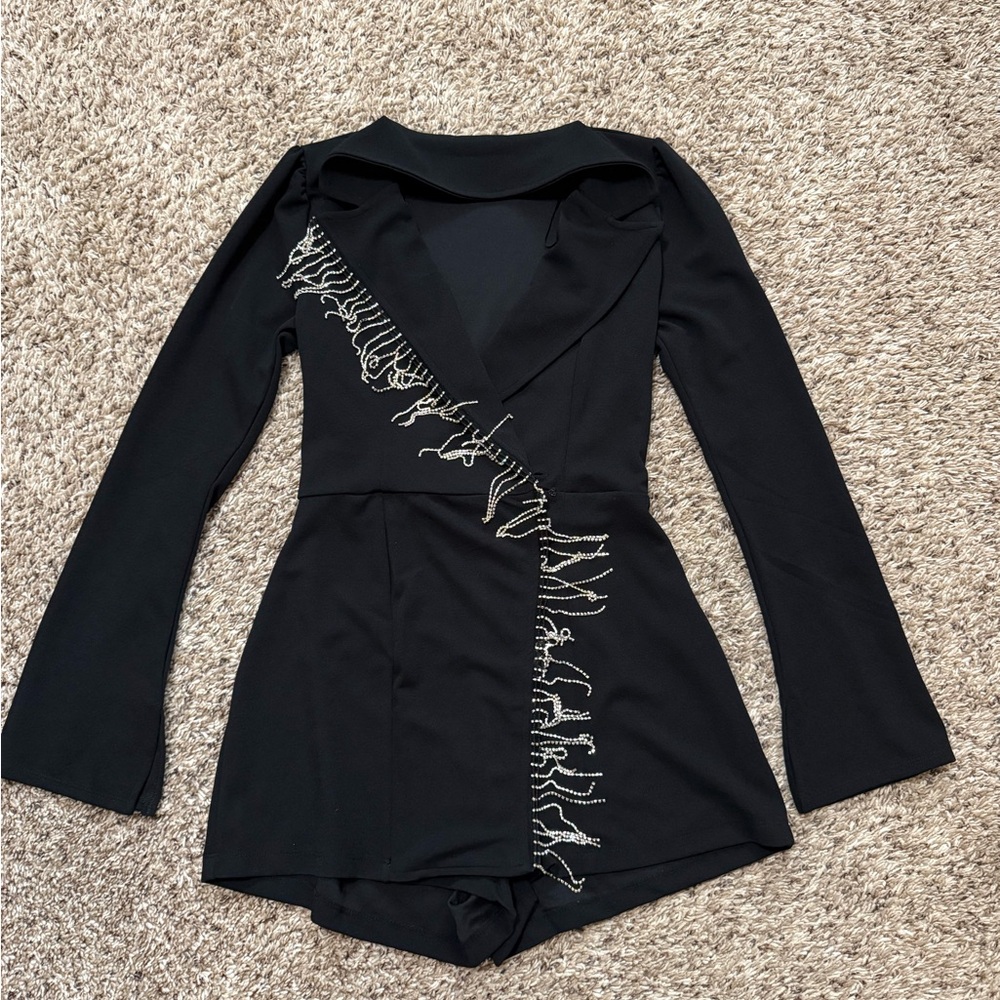 Francesca's Black Long-Sleeve Romper with Silver Bead Fringe